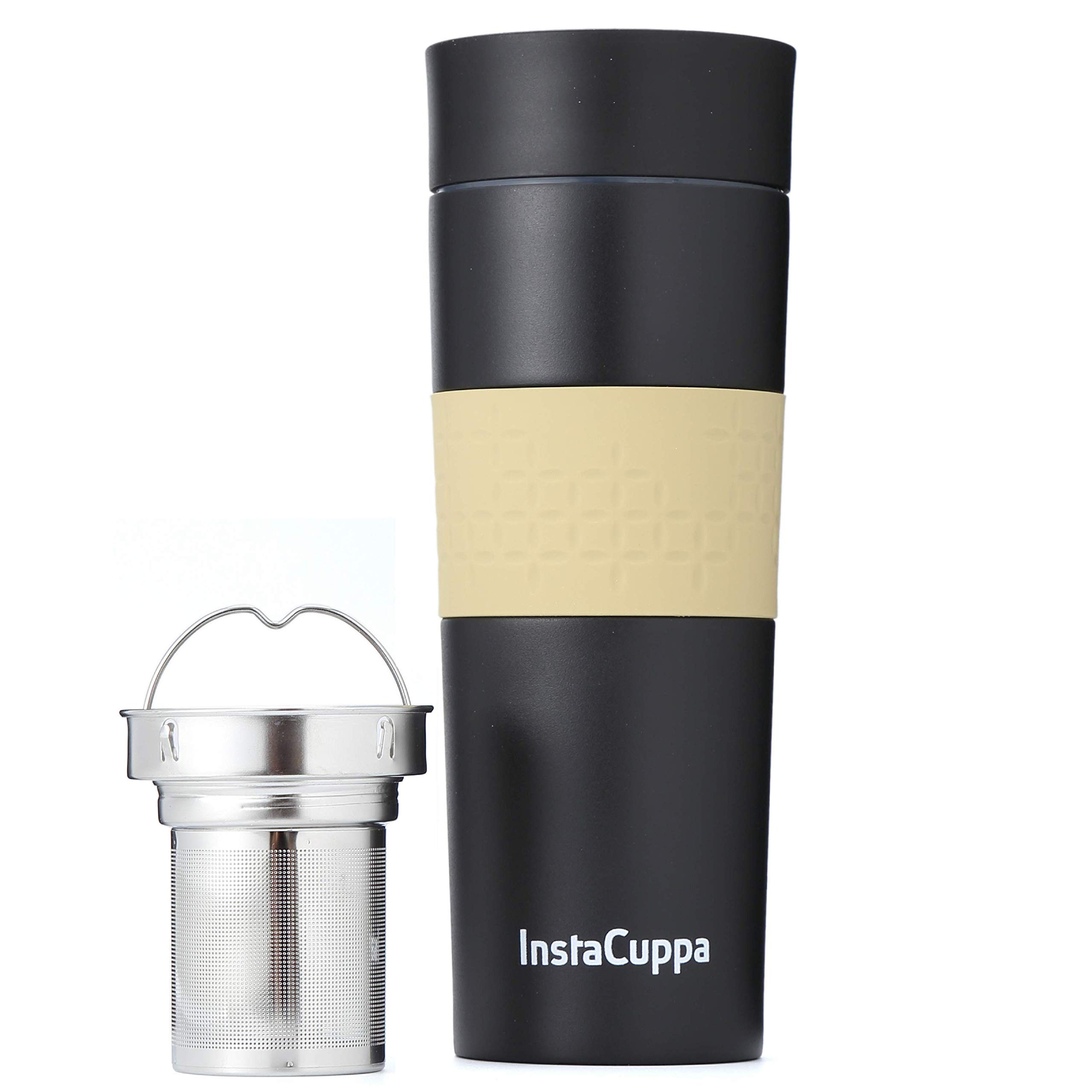 InstaCuppa Stainless Steel Travel Mug with Infuser Unit, Sipper Lid, Silicone Grip, 470 ML, Black + Cream (B07L5Q98CC) Amazon Price History, Amazon Price Tracker
