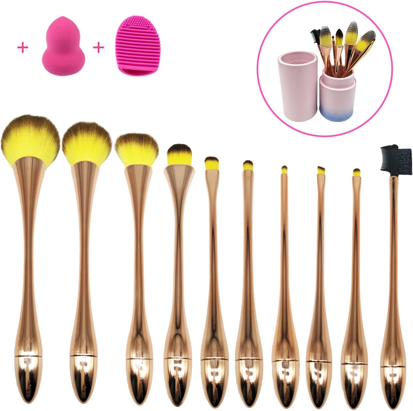 Xuaber 10pcs Makeup Brush Set Professional Goblet Makeup Brushes Cosmetic Kabuki Brushes Tool Set with Powder Puff Brush Cleaner (Rose gold)