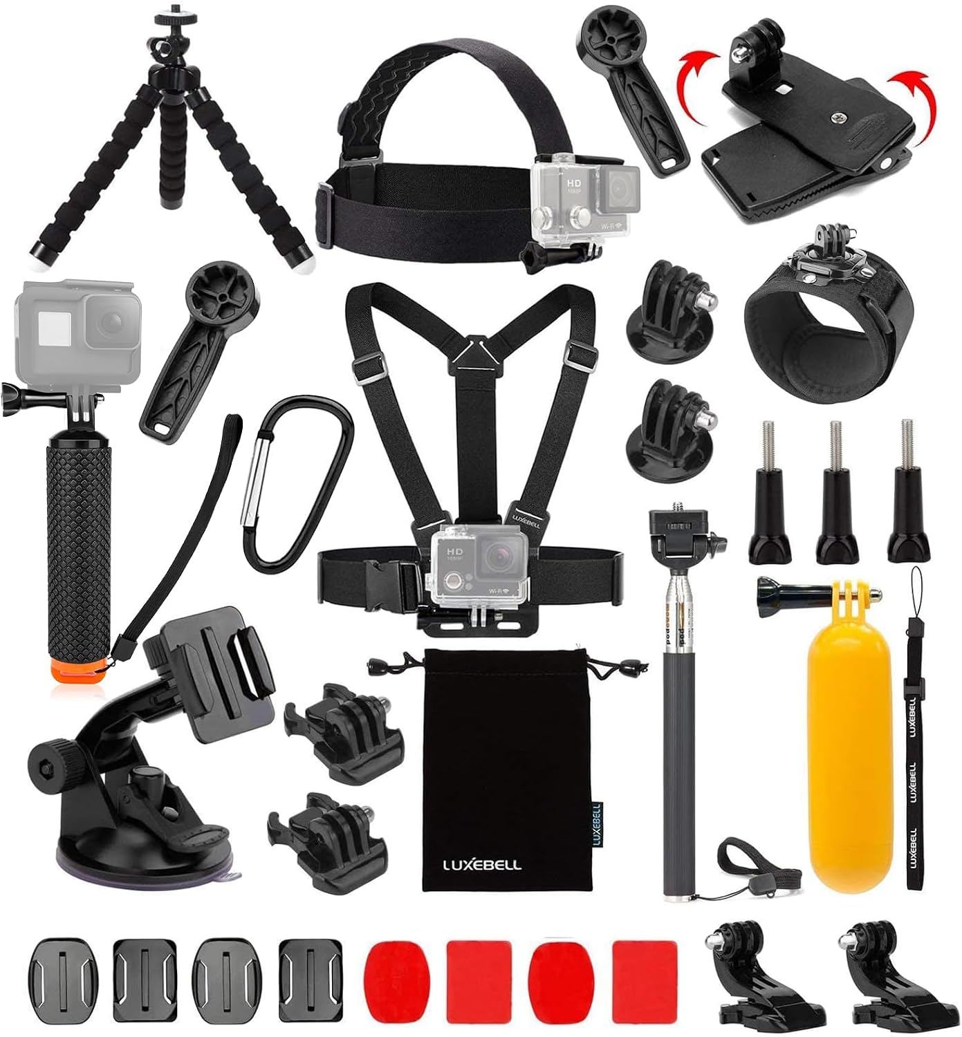 Luxebell Accessories Kit for AKASO EK5000 EK7000 4K WiFi Action Camera GoPro Hero 12 11 10 9 8 7 6 5 4 Floating Hand Grip Pole