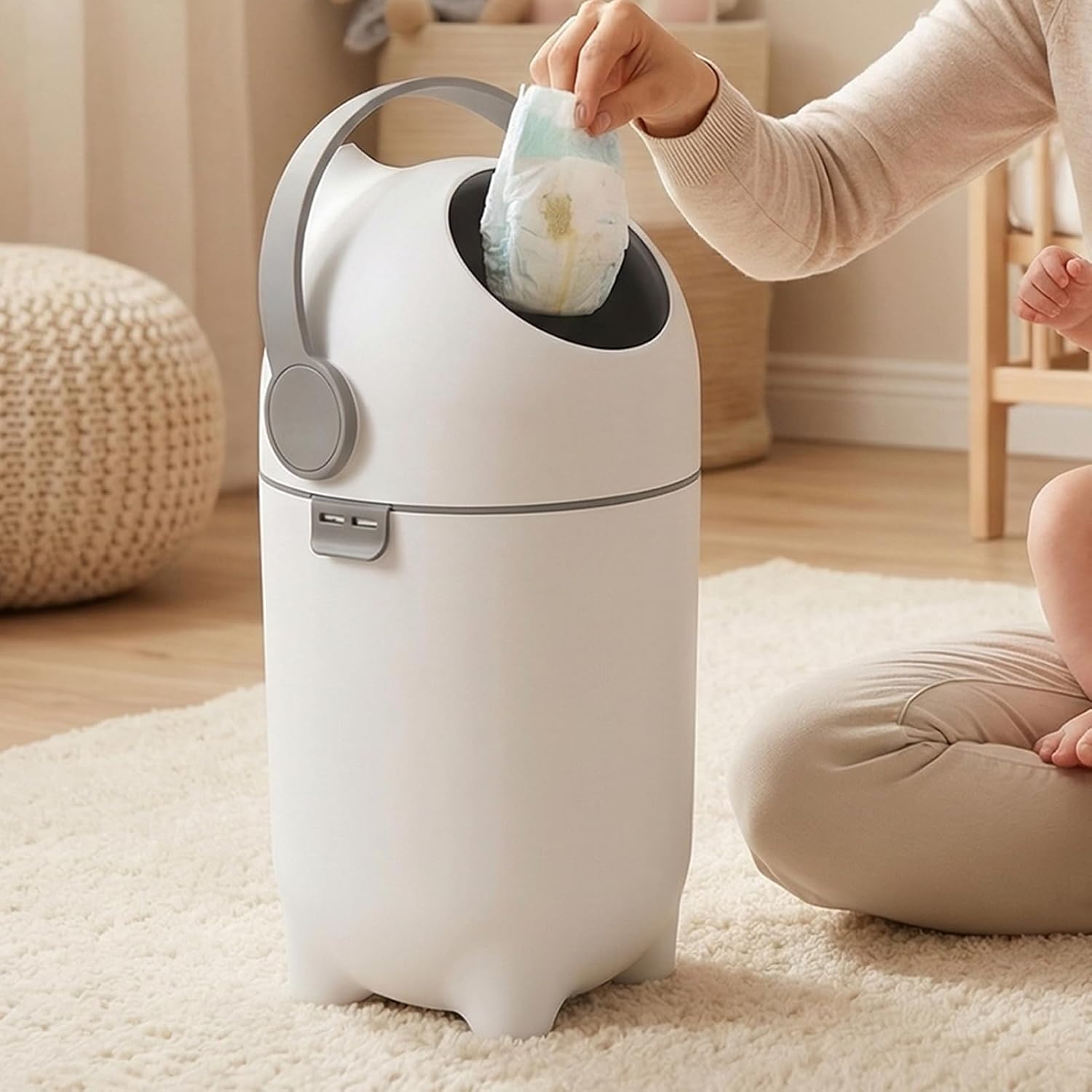 Diaper Pail Odor Control Bin, 3.96-Gallon Plastic Diaper Disposal Container Holds up to 16 Diapers, Airtight Lid with Odor-Blocking Baffle, No Special Bags Needed, White
