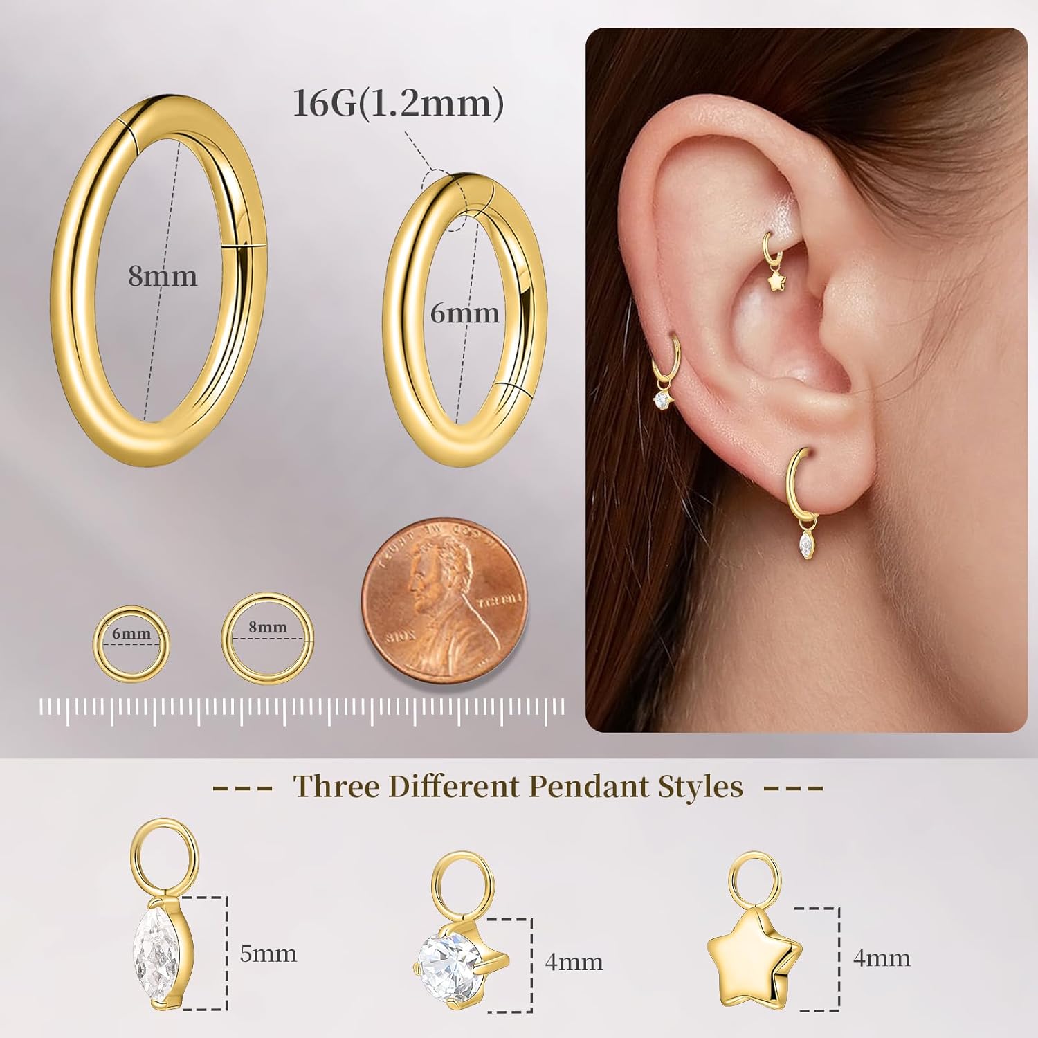 Limerencia G23 Titanium Hoops Rook Piercing Jewelry 6mm 8mm 16G 18G Implant Grade Titanium Dangle Huggie Rook Earrings Cartilage/Conch/Daith/Helix Piercing Stacking Rings for Women Men Sensitive Ears - Image 4