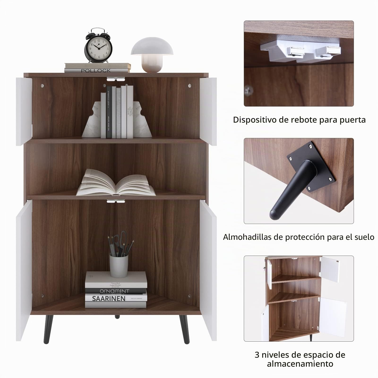 sogesfurniture Estantería esquinera de almacenamiento con estante abierto y 2 puertas, estantería de madera para libros, armario independiente para oficina en casa