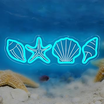Coastal Neon Sign Dimmable Beach Neon Light for Wall Decor Seashells and Starfish Light Up Sign Led Ocean Themed Decor for Bedroom