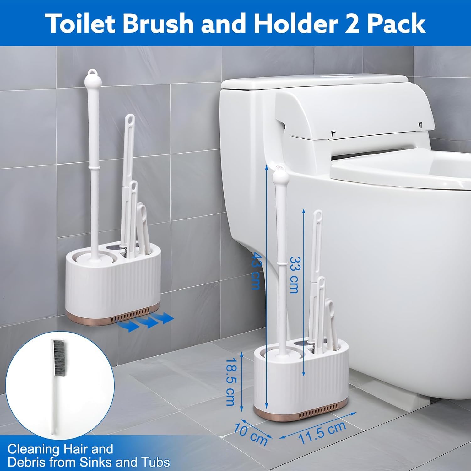 Vasukie Juego de cepillo de inodoro y soporte de silicona, con un cepillo de limpieza extra para hendiduras, cepillo de limpieza profunda para baño, cepillos de inodoro para baño, gotas de agua