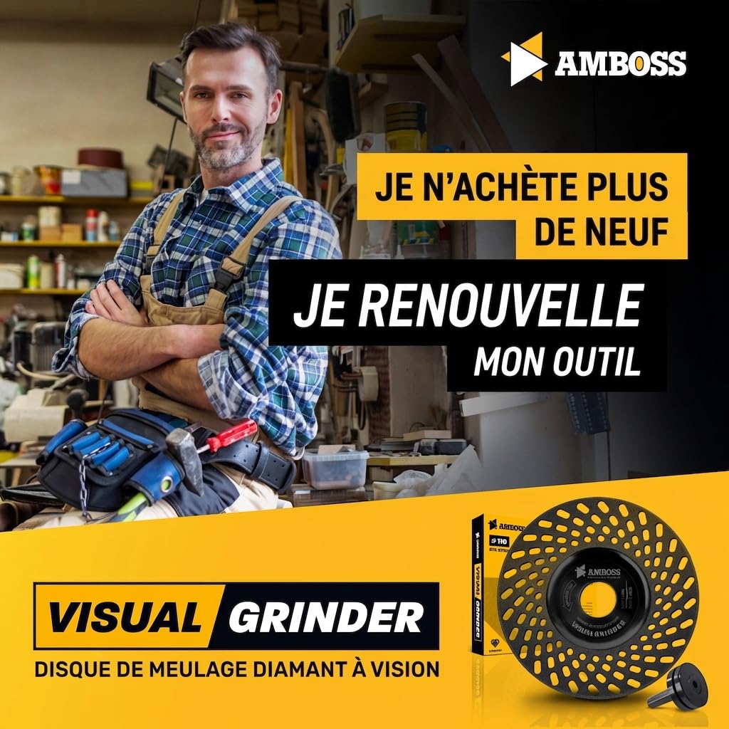Amboss Disque de ponçage visuel diamant pour meuleuse d'angle/affûtage de couteaux, perceuses, fraiseuses/meulage de pierre, plâtre, béton/Ø 110 mm – alésage 22,2 mm