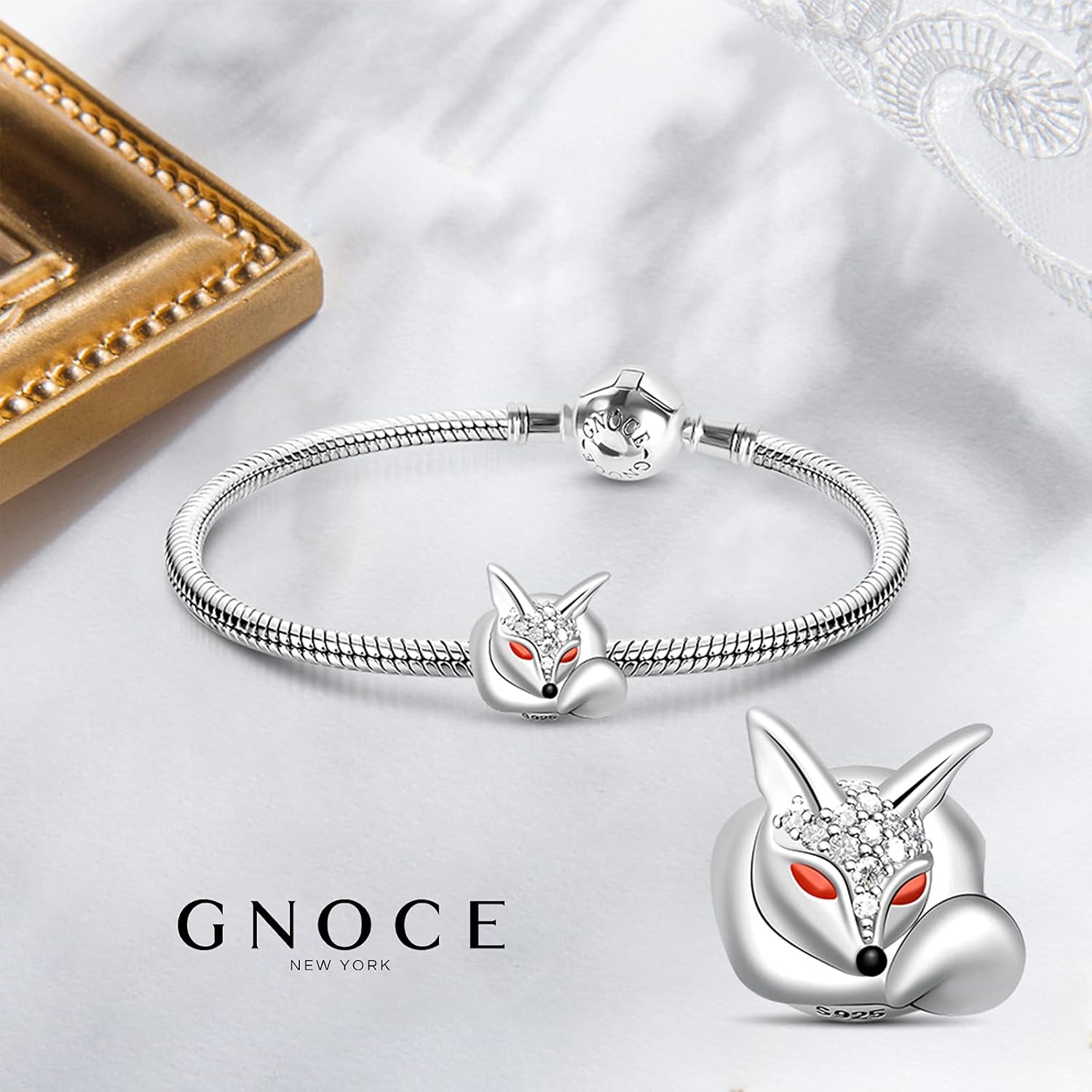 GNOCE "As Clever As Fox 925 sterling Silver Cute Fox Charm Beads Pure Crystal Stones Pave & Red Enamel Eye Fox Pendant - Lucky Animal Charms For Bracelet Necklace Women Gift