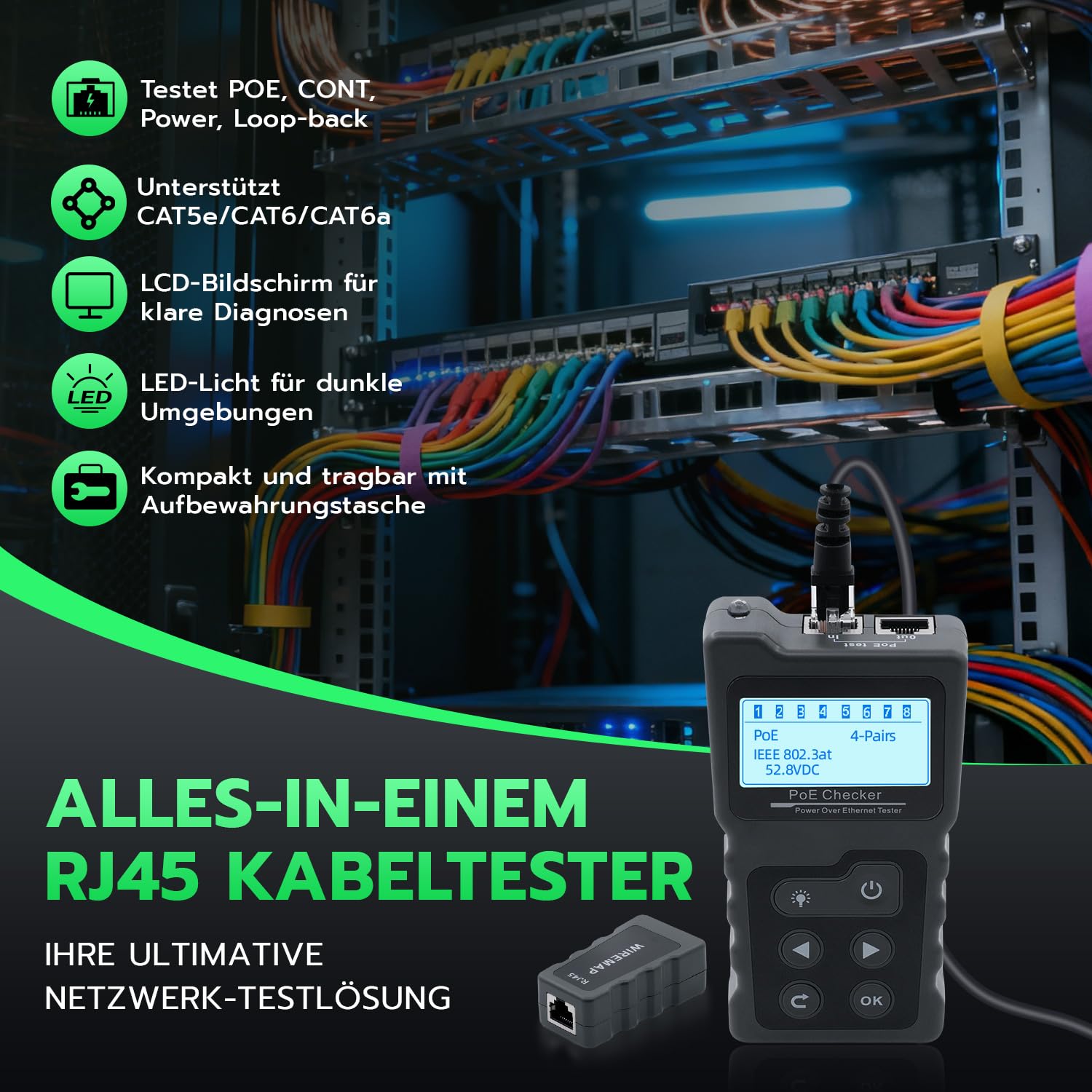 Multifunktions Kabeltester: RJ45 Netzwerktester mit PoE, Kontinuitätstest, Spannungsmessung & LED-Beleuchtung - Ideal für CAT5e/CAT6/CAT6a Ethernet Kabel