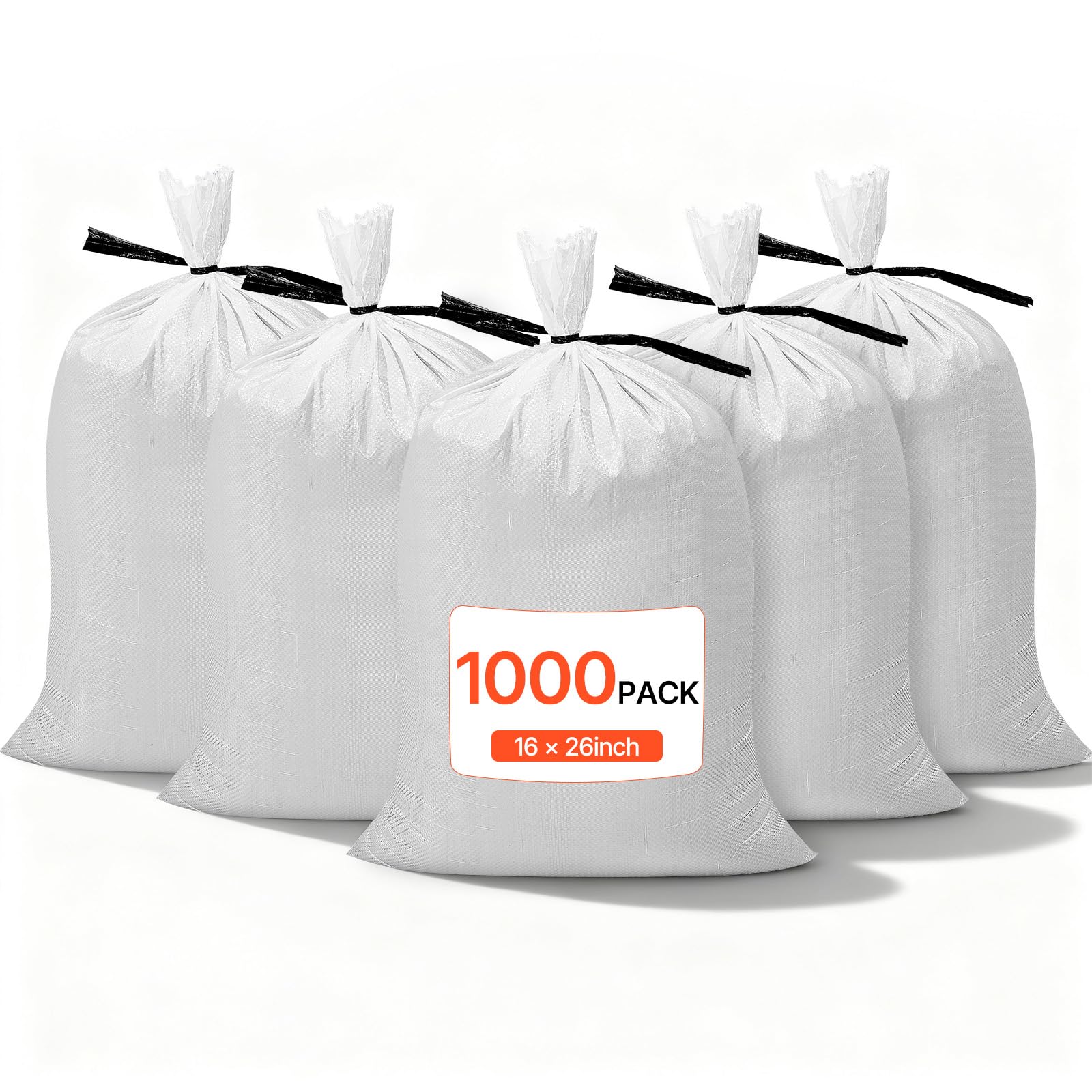 VEVOR Empty Sandbags, 1000 Packs 16 x 26 in, Heavy Duty Sand Bags Sacks with Ties, 50lb Capacity Woven Polypropylene Sandbags, Tear-Resistant &amp; UV-Resistant Sand Bags for Flood Protection Barrier
