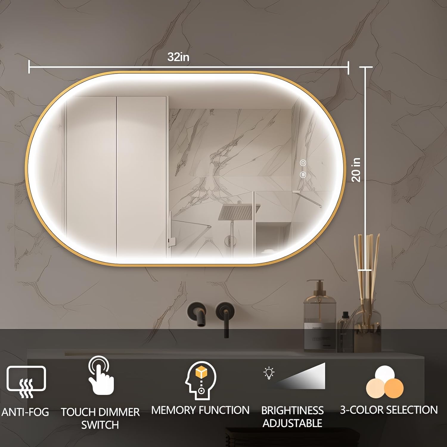 32"x20" Oval Led Mirror for Bathroom, Gold Metal Framed Lighted Vanity Mirror with Lights, Anti-Fog Light Up Mirror with 3 Colors Dimmable, Frontlit, Shatterproof, Horizontal/Vertical