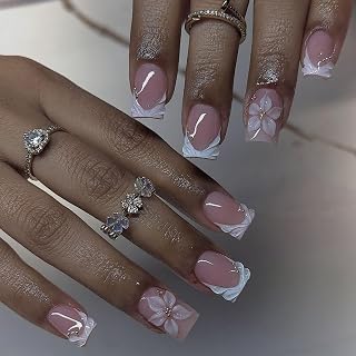 24 Stück Press on Nails Kurz Square Weiß, Eckige Künstliche Nägel mit Blumen für Frauen Mädchen, Kunstnägel zum Aufkleben