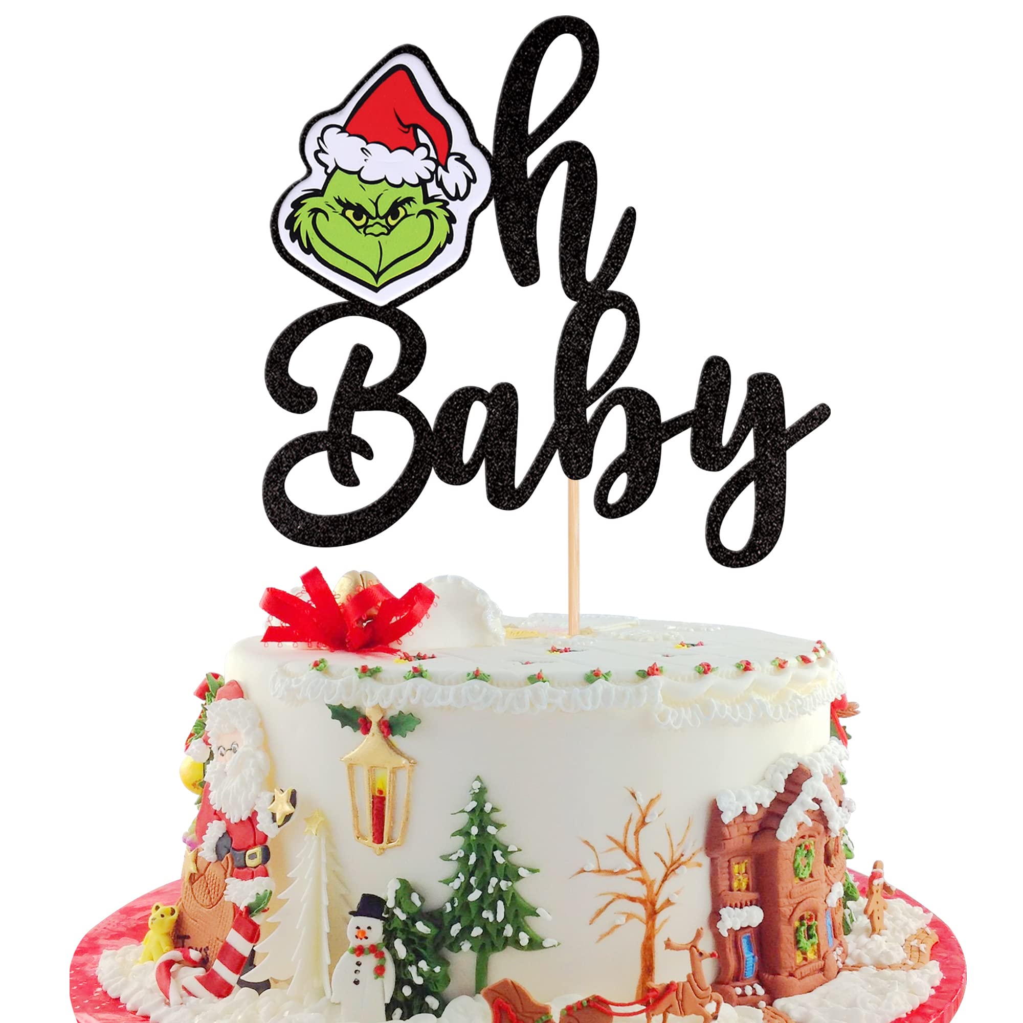 1 PCS Christmas Green Monster Oh Baby Cake Topper Glitter Baby Shower Christmas Cake Pick for Merry Christmas Theme New Born Baby Shower Kids Birthday Party Cake Decorations Supplies Black
