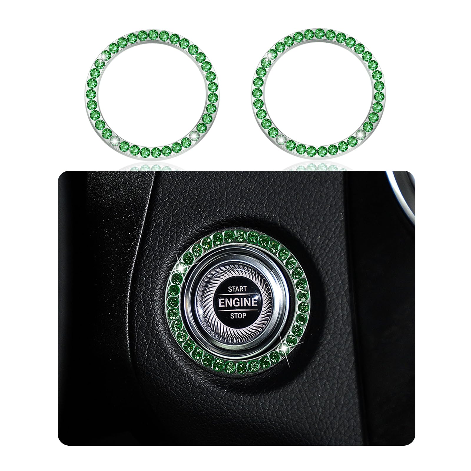 Kewucn 2 PCS Car Crystal Rhinestone Engine Start Ring Decals, Bling Auto Push to Start Button Ignition Ring Cover/Sticker, Universal Sparkling Vehicle Interior Decor Accessories for Women Men(Green)