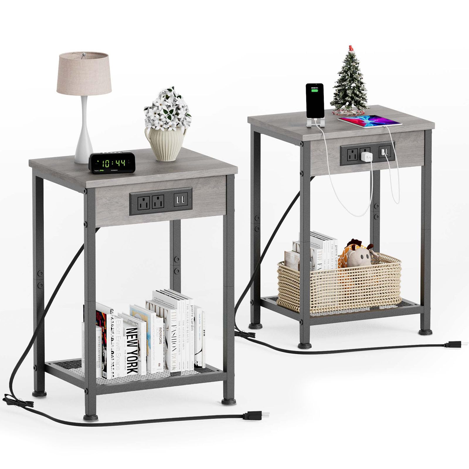 Fixwal End Tables Set of 2 with Charging Station, Night Stands with USB Ports and Power Outlets (Dark Walnut Gray)