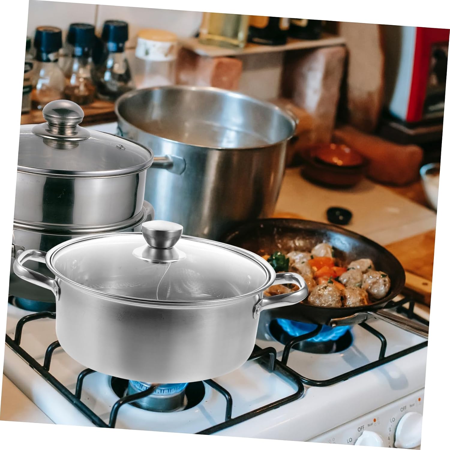 LIFKOME 1pc Stainless Steel Hot Pot with Lid Induction Gas Cooking Pot for Family Gatherings Kitchenware Versatile Use