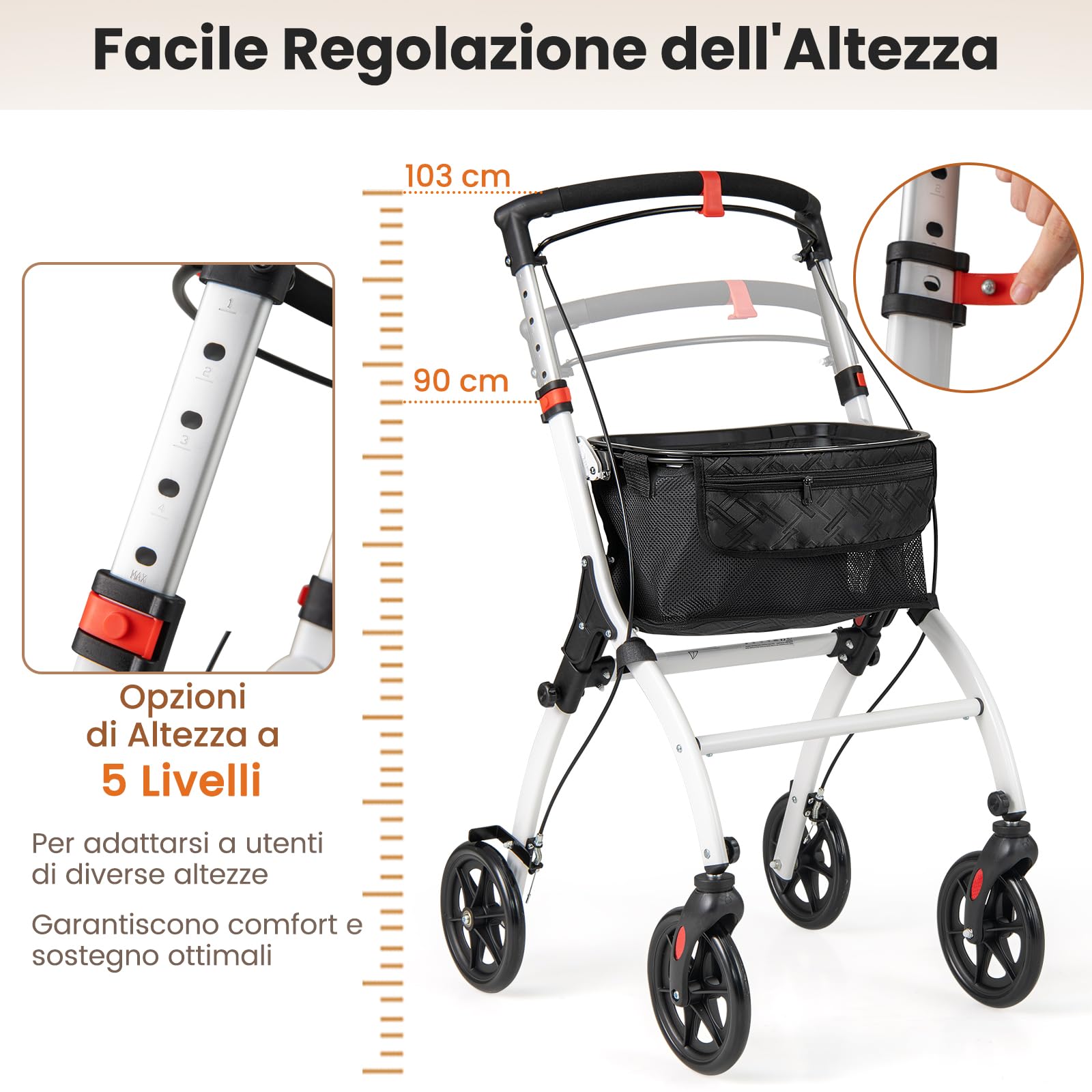 GYMAX Deambulatore Stretto per Casa, con Vassoio e Borsa, 4 Ruote, Rollatore Pieghevole Leggero in Alluminio, Girello Regolabile in Altezza per Anziani, Deambulazione, 72 × 53 × 96-103 cm