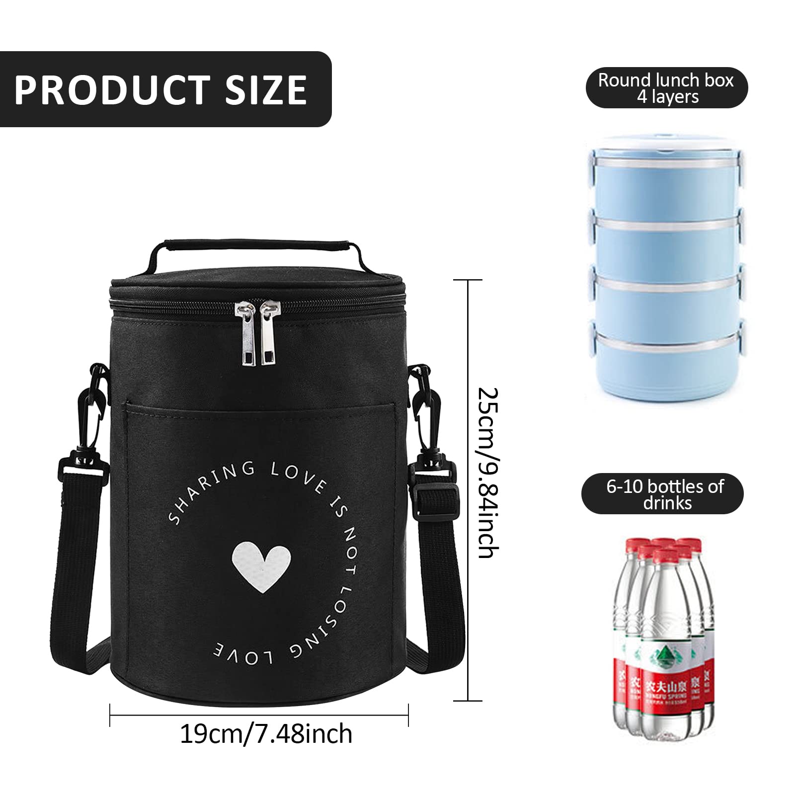 Borsa Termica 9L Impermeabile con Tracolla Regolabile per Ufficio Scuola Picnic (Nero)