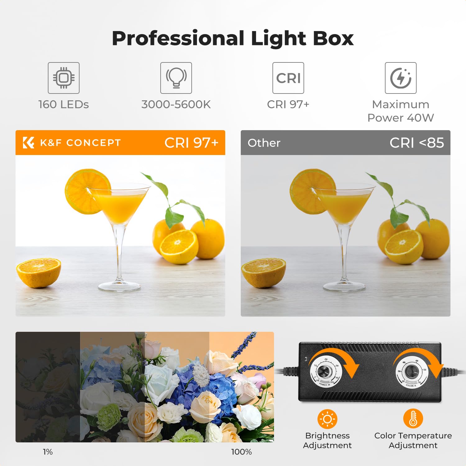 K&F CONCEPT Pudełko oświetleniowe do studia fotograficznego 50 cm x 50 cm z diodami LED 160 CRI 97 | Przenośny składany namiot strzelecki 3000K-5600K ściemniany i 6 tła do fotografii produktowej ZYRY09