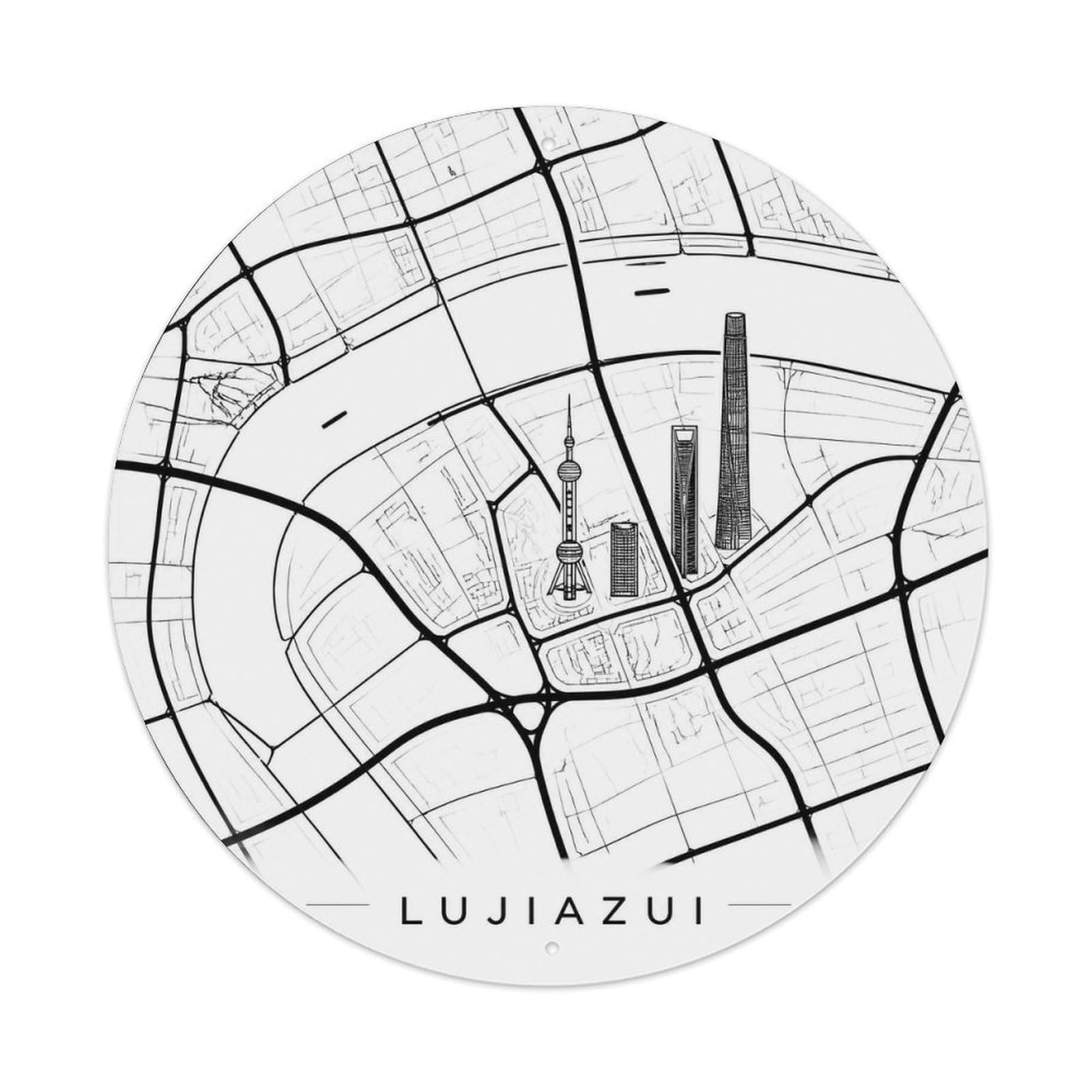 Okngb Style Lujiazui Skyline Shanghai Contour Lines Color Blocks Metal Tin Sign Plaque Wall Decor For Cafe, Man Cave, Club Bar, Office, Home Garden Round Metal Poster 8X8inch