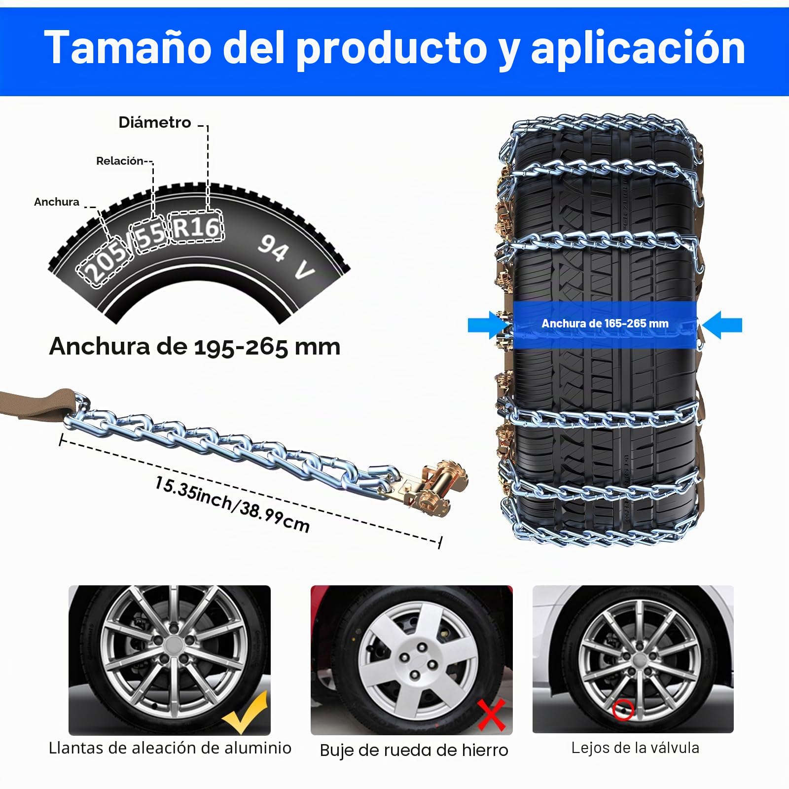 Cadenas Coche Nieve Acero al Manganeso 10Piezas Ninonly Cadenas Nieve Universales Emergencia para Vehículos Coche Camión SUV Aptas para 165-265 mm para Barro, Arena, Nieve, Hielo, Escalada