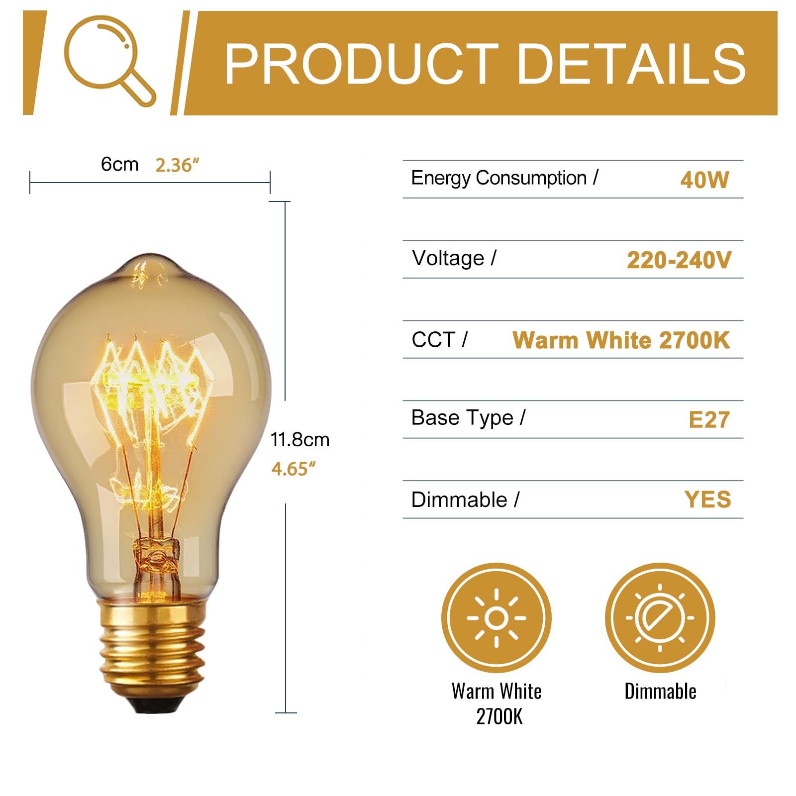 B4U E27 Edison Screw Bulb 40W, Vintage Filament Light Bulbs, Dimmable E27 Screw Light Bulb Globe Style, Warm White 2700K, Pack of 6 - Image 2
