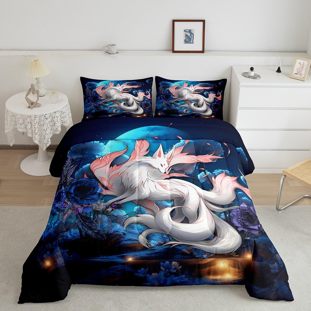 Feelyou Japanese Ukiyoe Comforter Set White Fox Blossoms Floral Bedding Bed Set for Kids Boys Girls Galaxy Exotic Animal Comforter Japanese Decor Dreamy Quilt Set Bedroom Collection 3Pcs King Size
