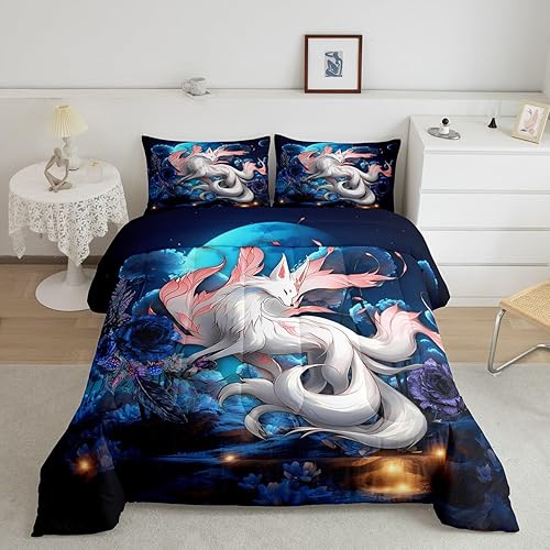 Feelyou Japanese Ukiyoe Comforter Set White Fox Blossoms Floral Bedding Bed Set 