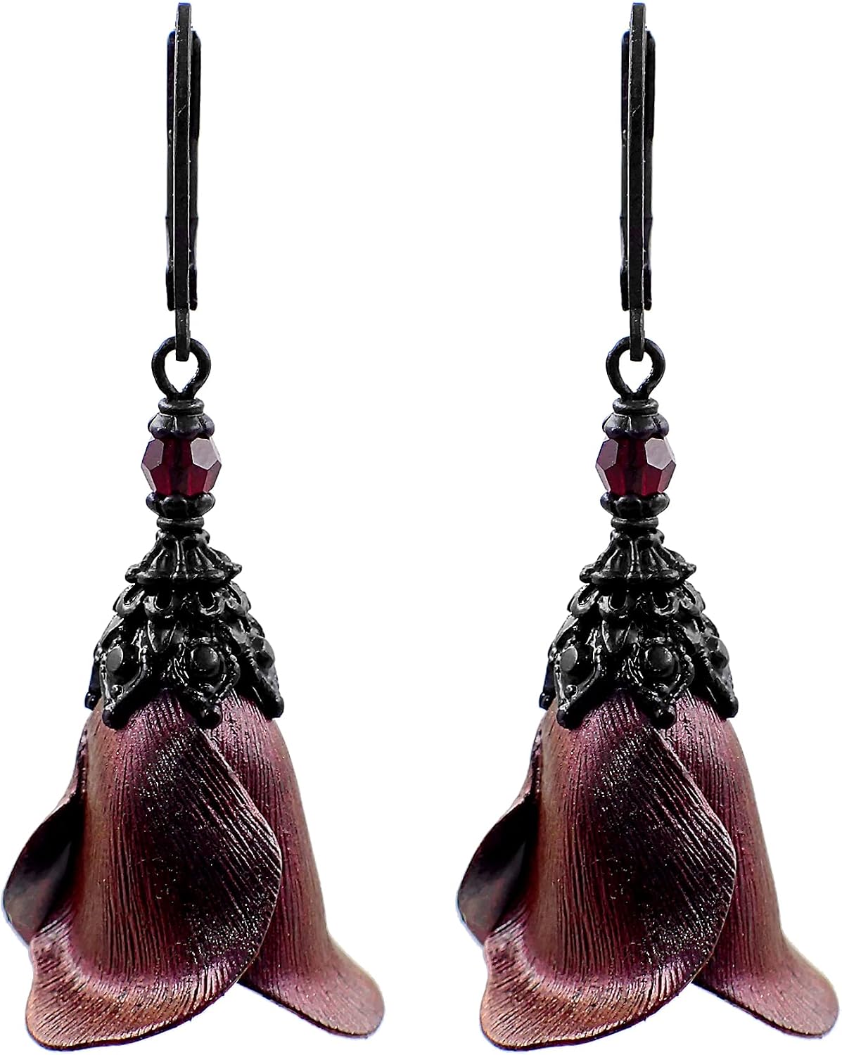 Iridescent Black and Red Color Shifting Flower Earrings, Gothic Victorian Style Tulips with Black Metal