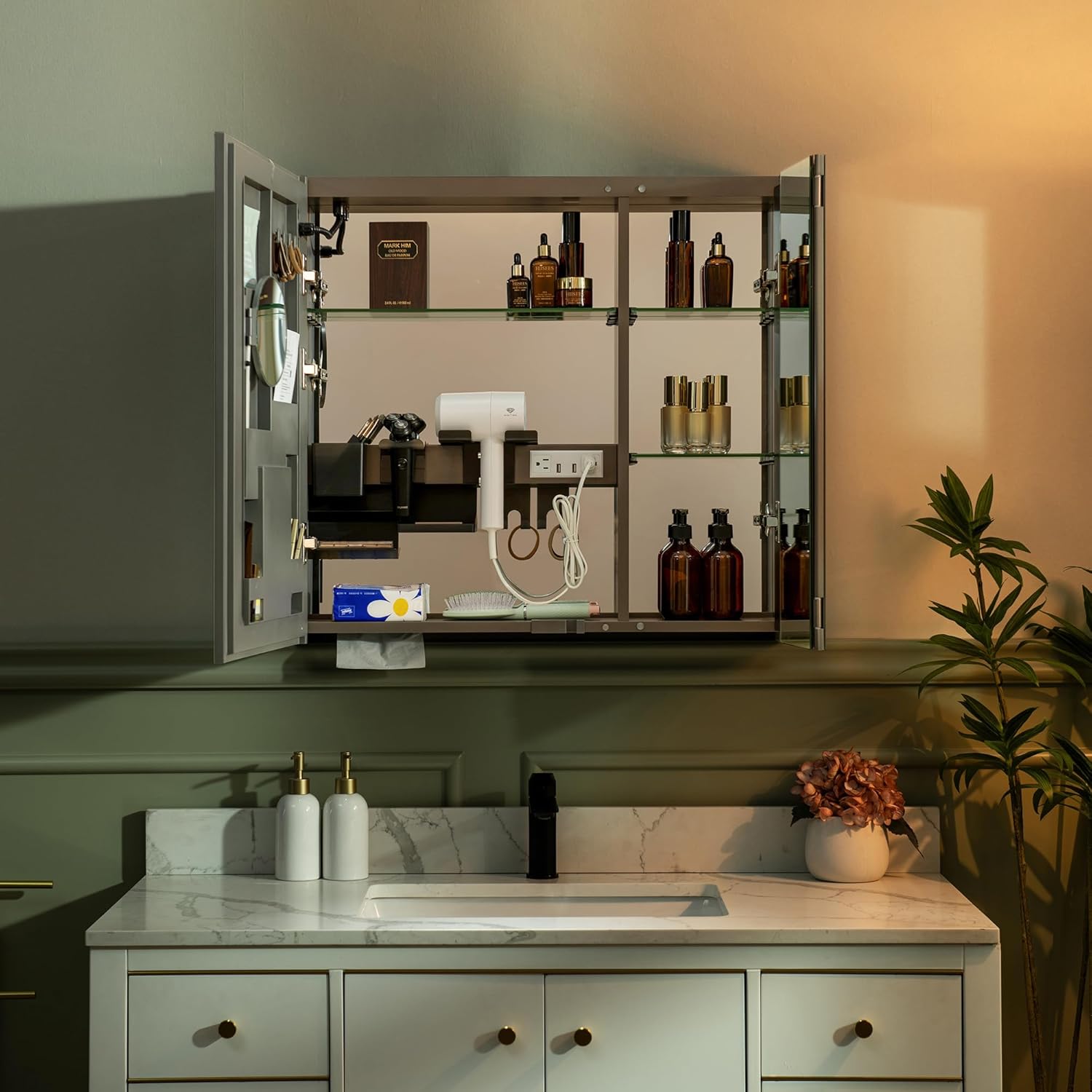 Woodbridge 29.5” W x 27.75" H LED Medicine Cabinet with Smart Storage, Anti-Fog Mirror, USB & Outlet, Medium-Sized Design, M3028