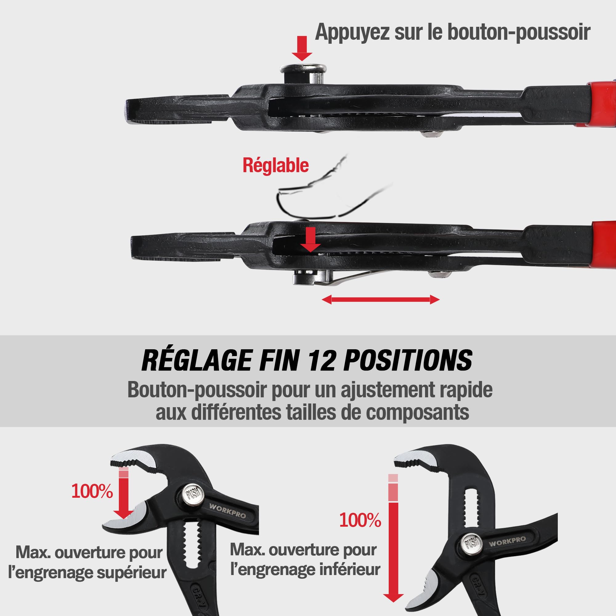 WORKPRO Lot de 2 pinces pour pompe à eau de 180 mm et 250 mm, poignées de tuyau réglables rapides, ensemble de pinces à joint coulissant avec grande capacité de mâchoire et poignée antidérapante