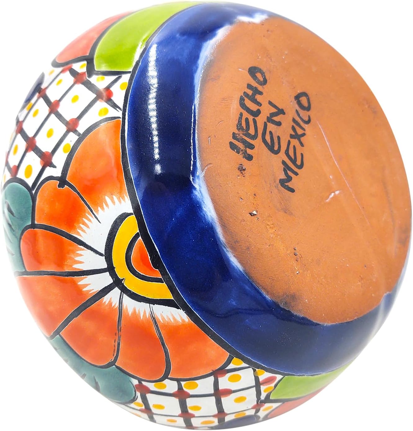 Talavera Florero Bola - Mexican Flower Vase (9.25" W x 9.25" L x 8" H) Hand Painted - DARK BLUE TRIM - Mexican Decor Florero