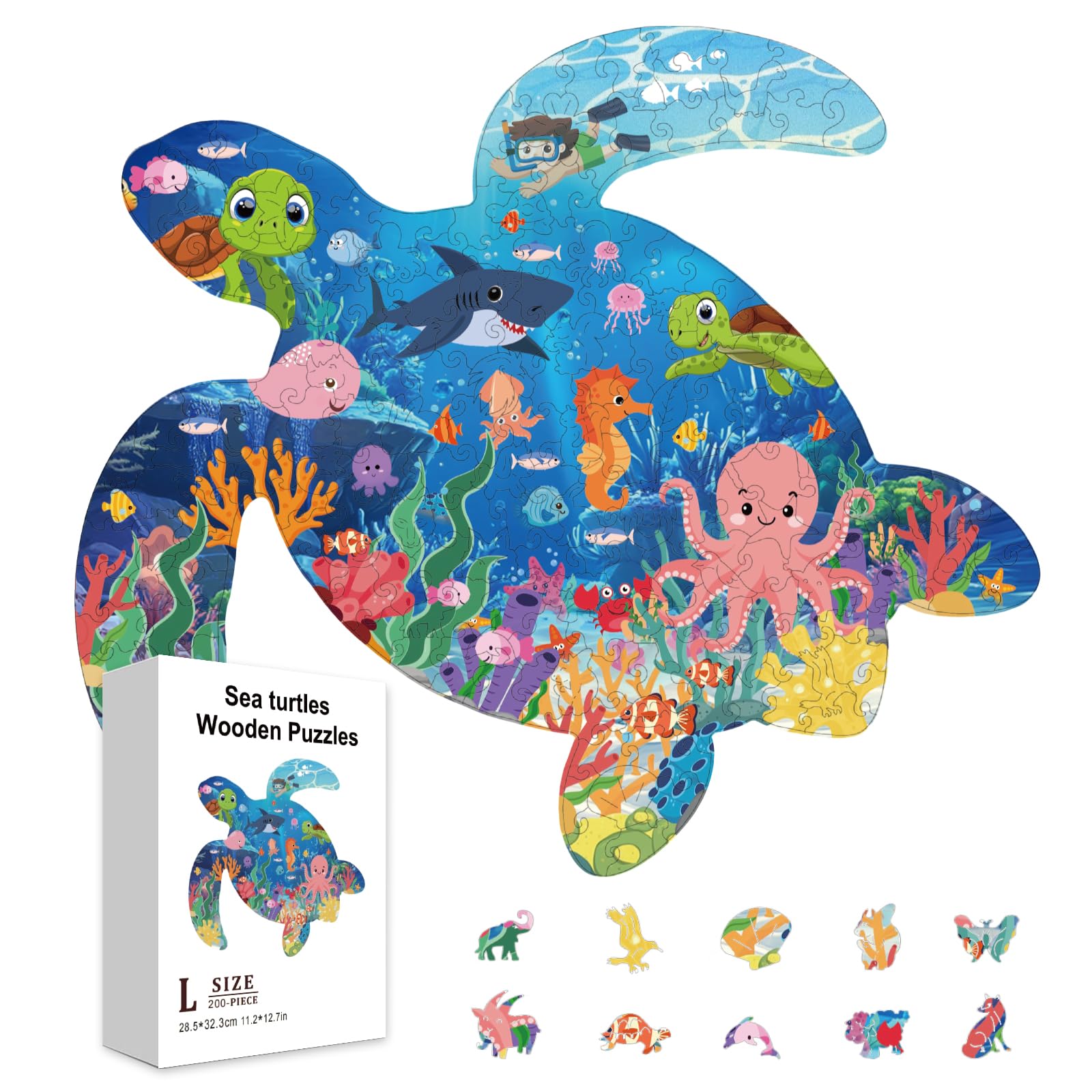 GLOBLELAND 200Pcs Sea Turtle Wooden Jigsaw Puzzles for Adults Colorful Underwater World Wooden Jigsaw Puzzles for Holidays Birthday Gift