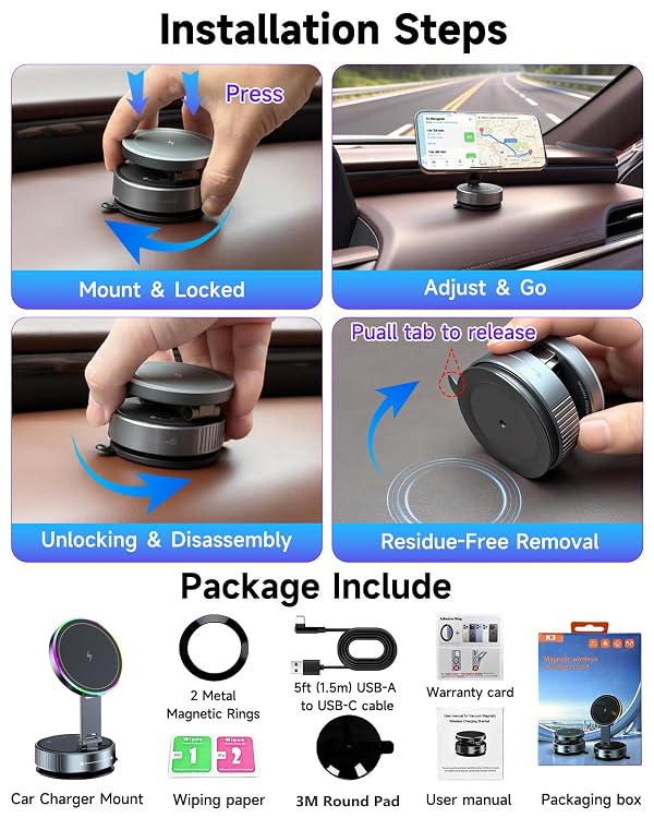 for Magsafe Car Mount Charger, 15W Fast Charging Wireless Car Charger [120LBS Suction &3800gf Magnet] 780° Adjustable, Vacuum Magnetic Phone Holder for Your Car for iPhone & Android, Metal Stand Rotor by WEKEFON - Image 9