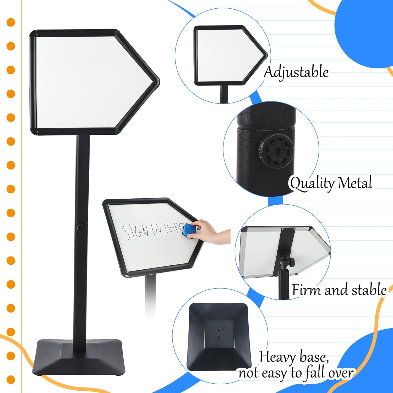 Lincia 2 Sets 47" Black Directional Arrow Sign Stand Adjustable Floor Arrow Sign 17.8"x12.6" Large Dual Sided Magnetic Dry Erase Board with Metal Pedestal 4 Markers 1 Dry Eraser for Indoor Outdoor