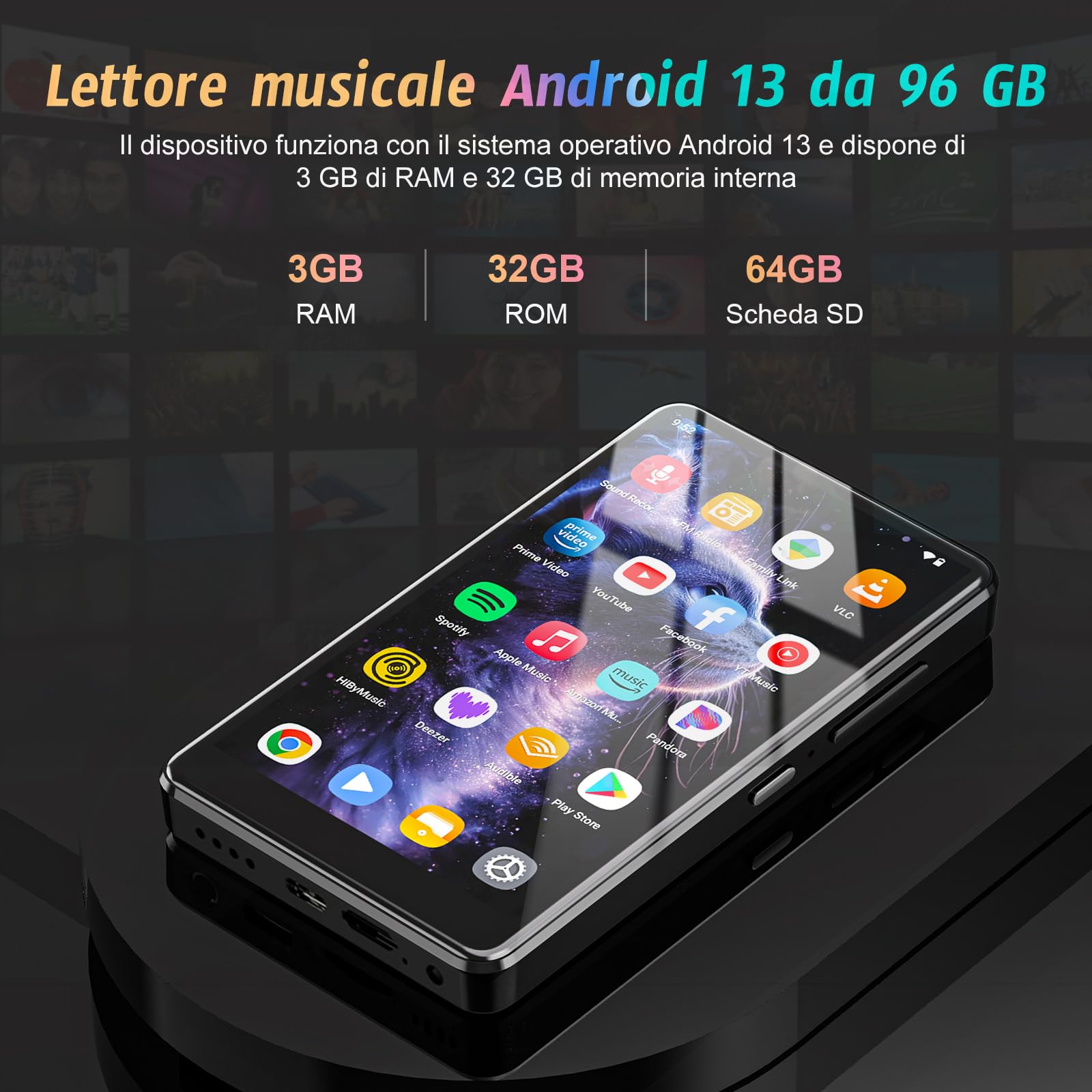 Lettore MP3 da 96 GB con Bluetooth e WiFi, Lettore MP3 da 5" con Sistema Operativo Android 13, Lettore MP4 HD 1080P, Lettore Musicale con Spotify, Audible e Play Store Preinstallati
