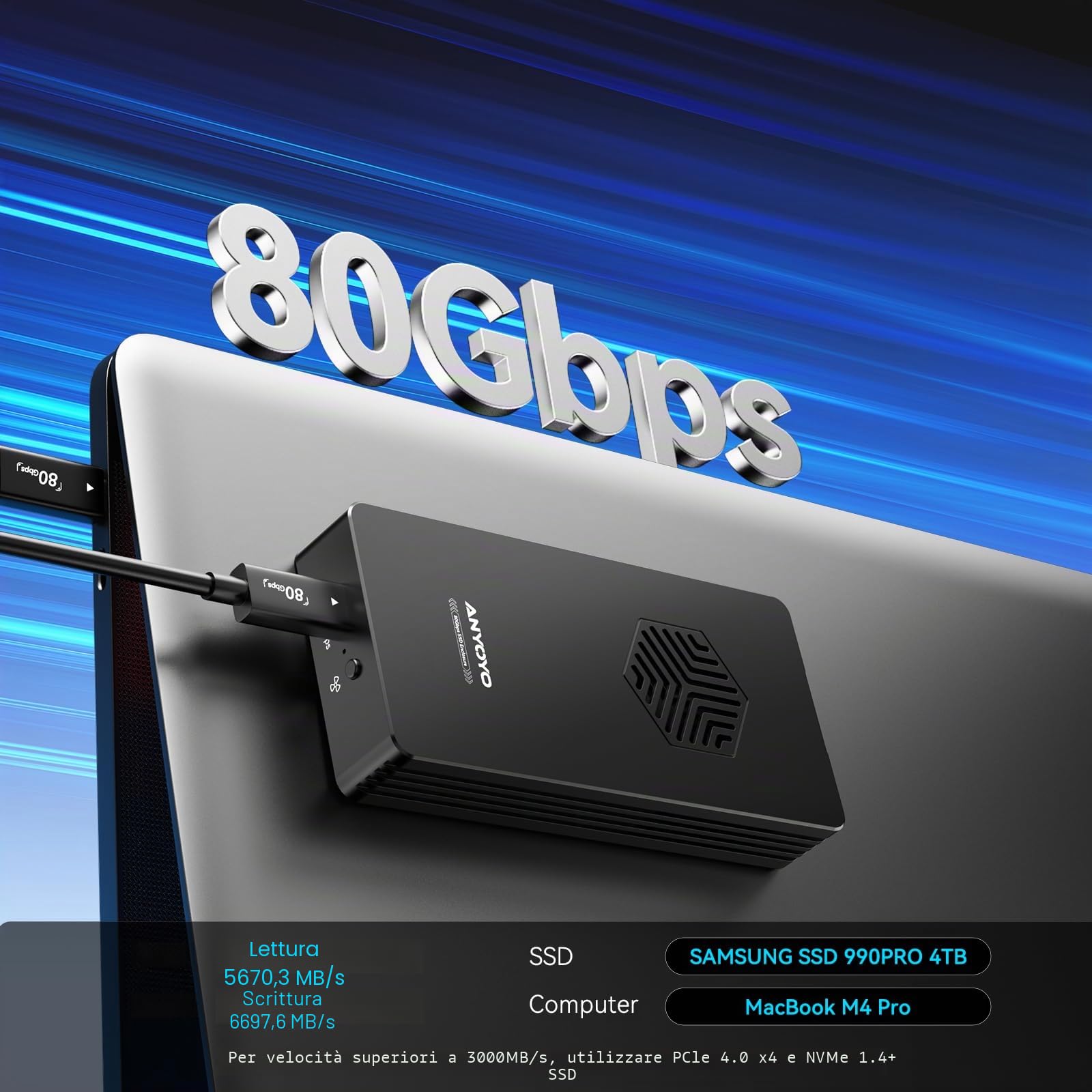 ANYOYO Enclosure SSD M.2 NVMe da 80 Gbps, compatibile con Thunderbolt 5/4/3 e USB4 V2.0, custodia SSD esterna ad alta velocità per MacBook M4/Mini, design con ventola di raffreddamento in alluminio