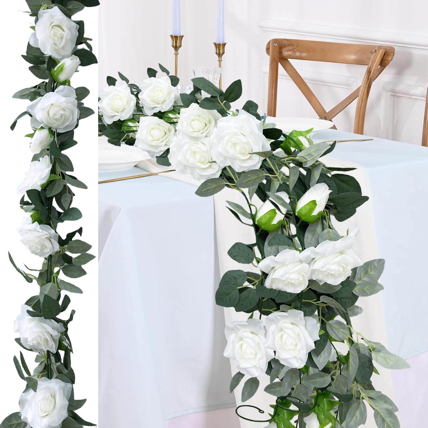 3 Pack White Flower Garland, 20FT White Rose Garland Wedding Arch Decor, White Floral Garland for Wall Backdrop, Large Fake Rose Vines Hanging for Birthday Party Table Decor