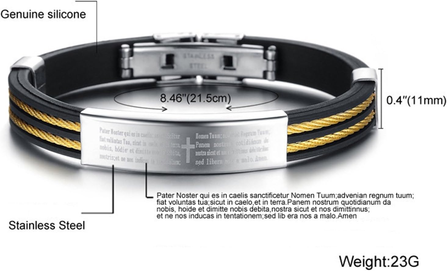 Fashion Month Men Vintage Gold Bracelet Engraved Spanish Bible Lords Prayer Cross Silicone Stretch Black Cuff ID Bangle