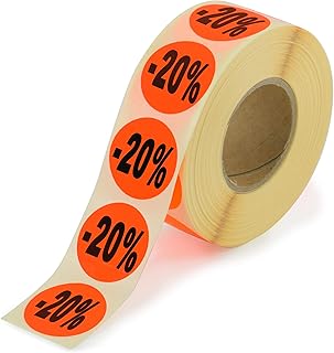 1.000 Aktionsetiketten - 20% rund leuchtrot auf Rolle 32 mm - Sonderpreis, reduziert Aufkleber, selbstklebend, permanente ...