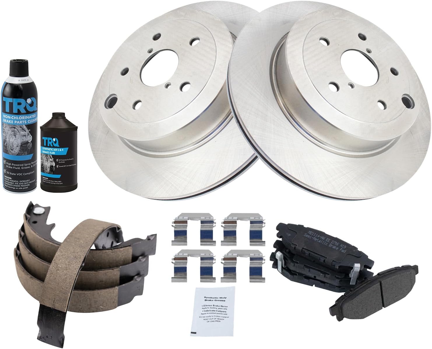 TRQ Rear Brake Pad & Rotor Kit Brake Chemical Kit Brake Pads Brake Rotor Parking Brake Shoe Set Semi-Metallic Compatible with 2008-2013 Subaru Impreza