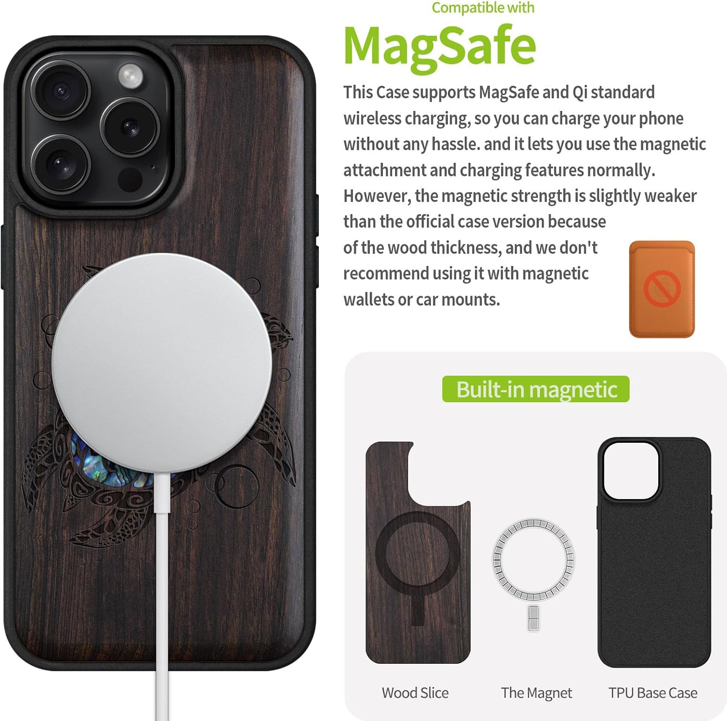 Carveit Magnetic Case for iPhone 16 Pro Max Case, Wood Artisan Engraved & Handmade Shell Inlaid, TPU Shockproof Cover, Compatible with MagSafe Wireless Chargers (Sea Turtle) Blackwood