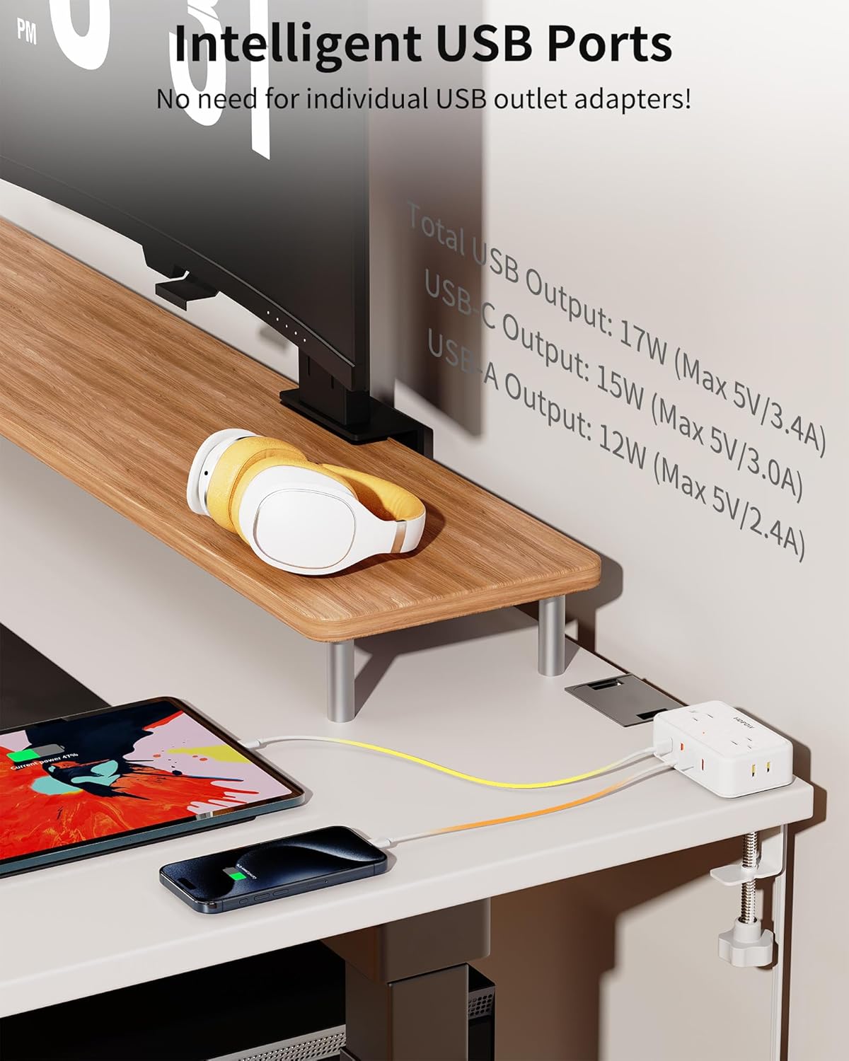 HOPOW Desk Clamp Power Strip, Desktop Mount Charging Station with 4 Outlets 4 USB Ports (2 USB C), 10Ft Under Desk Power Strip, Fits 2.75" Tabletop Edge, Extension Cord for Home Office, White