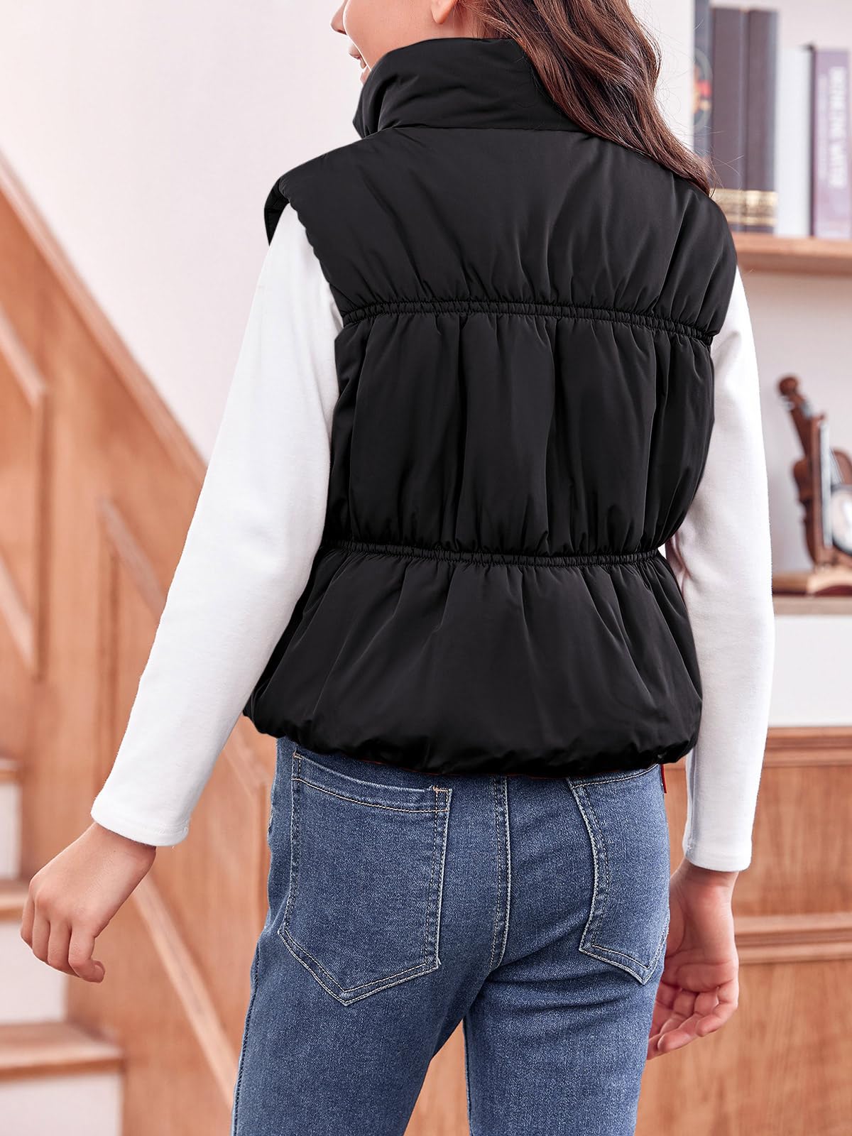Haloumoning Chaleco de invierno para niñas, cuello alto, sin mangas, cálido, chaleco acolchado para niños, ropa de abrigo linda, chaleco ligero