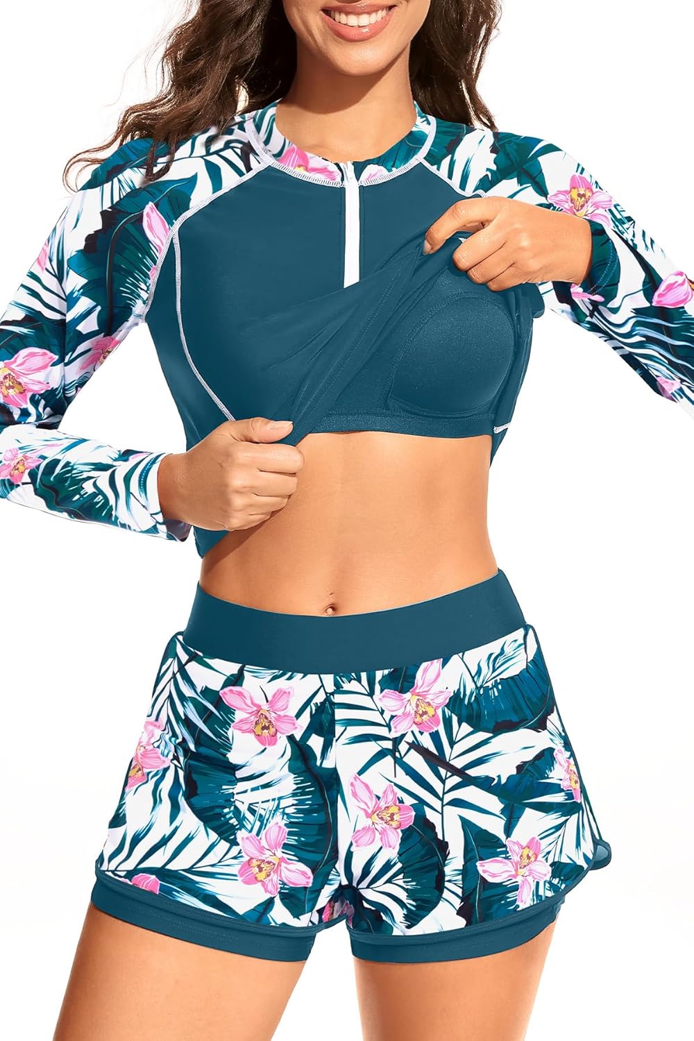 Long Sleeve Rash Guard for Women - 2 Piece Swimsuit with Shorts Zip Up Swim Shirt with Built-in Bra