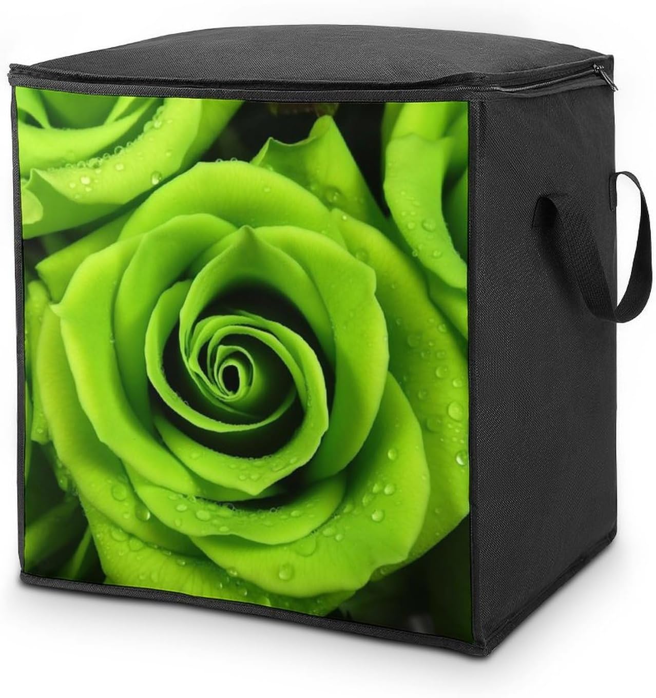 Quilt Storage Bag,Green Rose Printed Large Foldable Storage Container Portable Travel Storage Bag for Blankets, Quilts, Clothes, Comforter, Bedding And Pillows