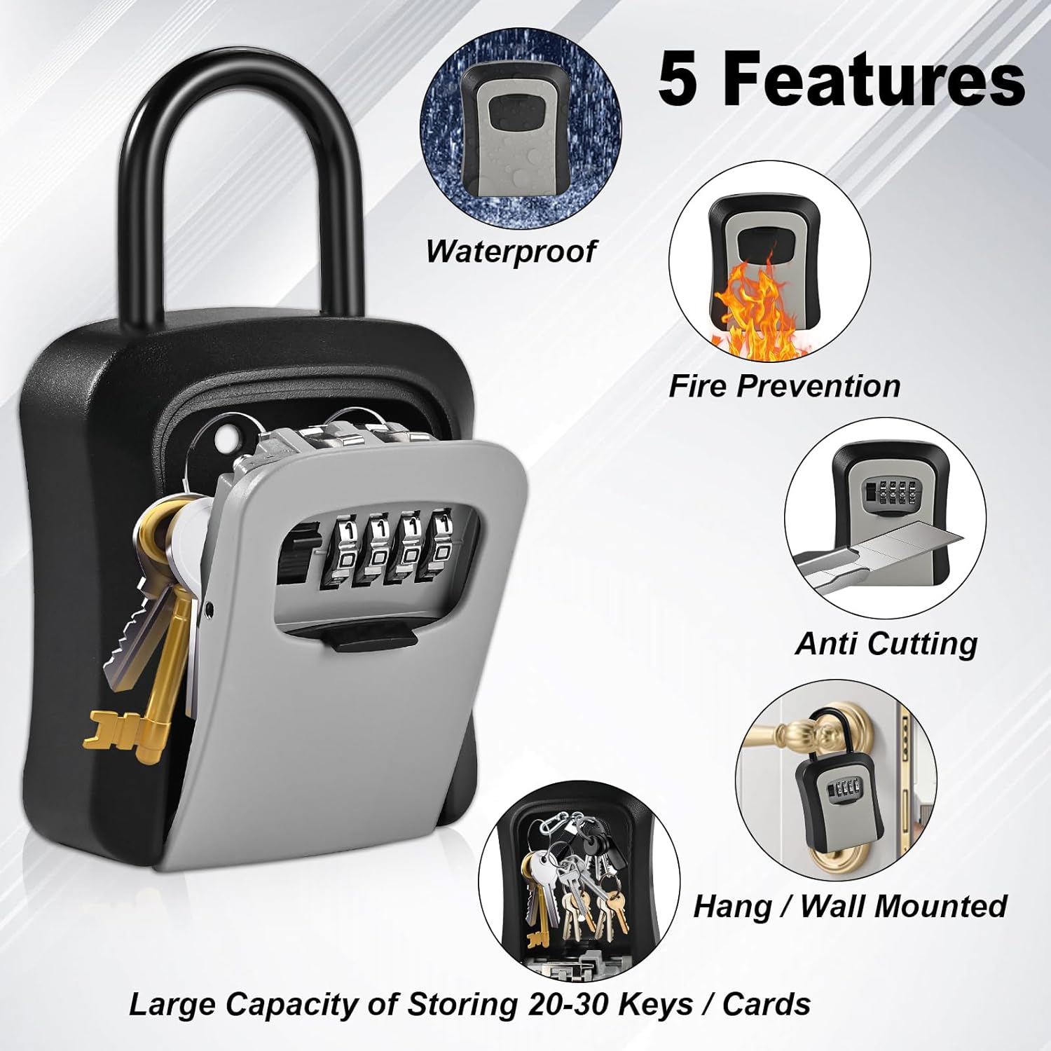 6 PCS L Large Key Lock Box, 4.5”x3.7”x1.5” Waterproof Kirsite Combination Lockbox for Keys Outdoor, Portable Key Lock Box Wall Mount with Code (L Size, Gray)