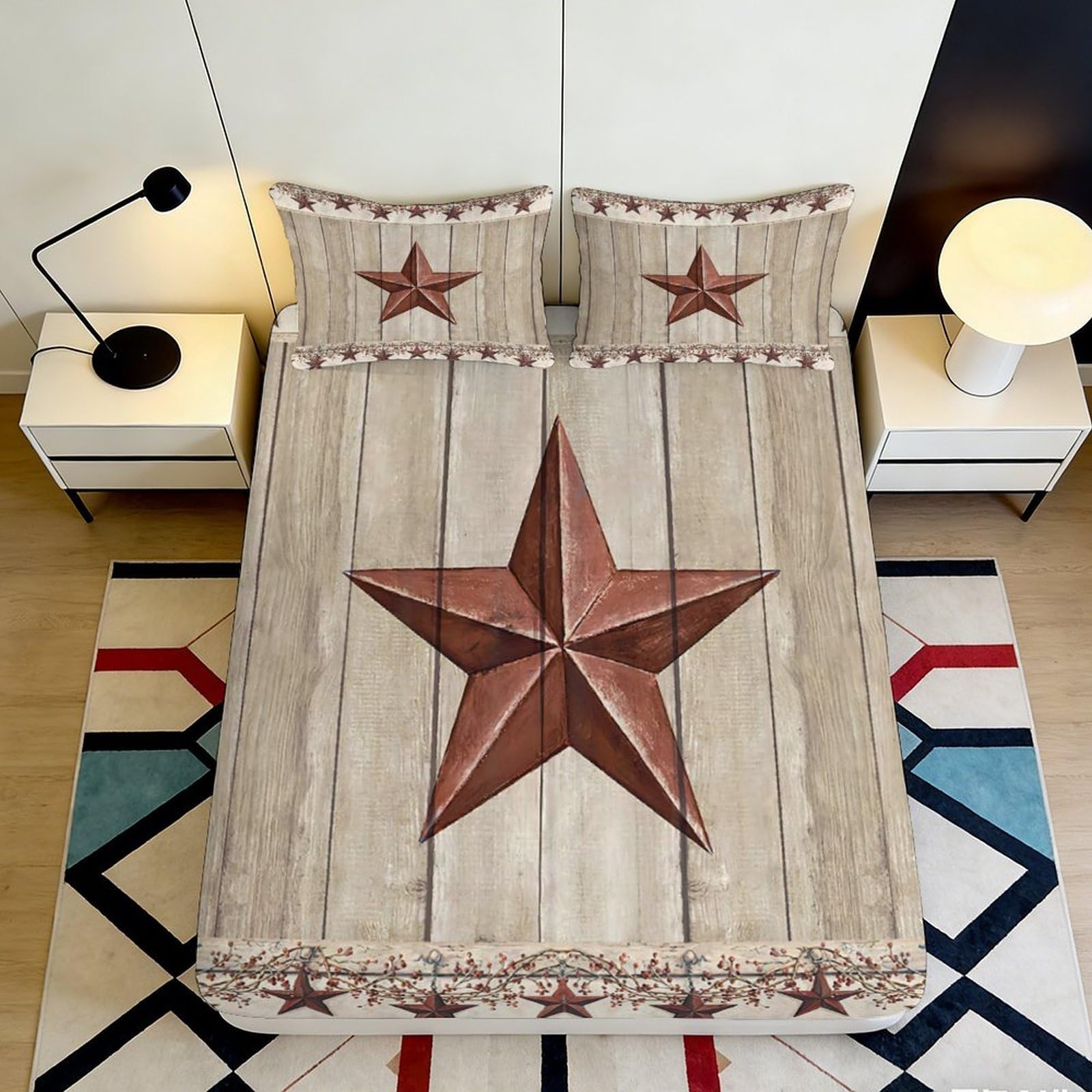 3D Printed Rustic Barn Star Fitted Sheet Microfiber Anti-Slip Brown Wood Mattress Cover Bedroom Decor 90x200x25cm