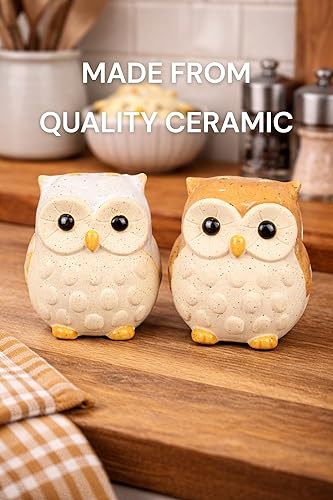 Miniatura 3 de The Bridge Collection Salero y pimentero de gres con diseño de búho, salero y pimentero con temática de bosque, decoración de mesa de cocina para