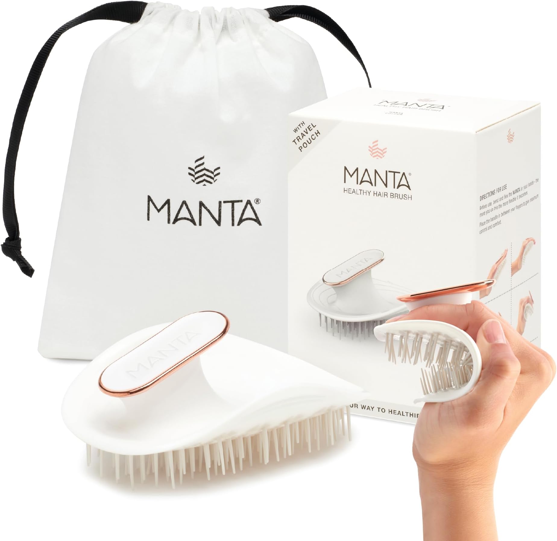 Manta Anti Breakage Hair Brush, Gentle Wet & Dry Hair Detangler Hairbrush for All Hair Types, Soft Scalp Shower Hair Brush, Promote Healthy Hair Growth, Hairbrushes for Women Men, White
