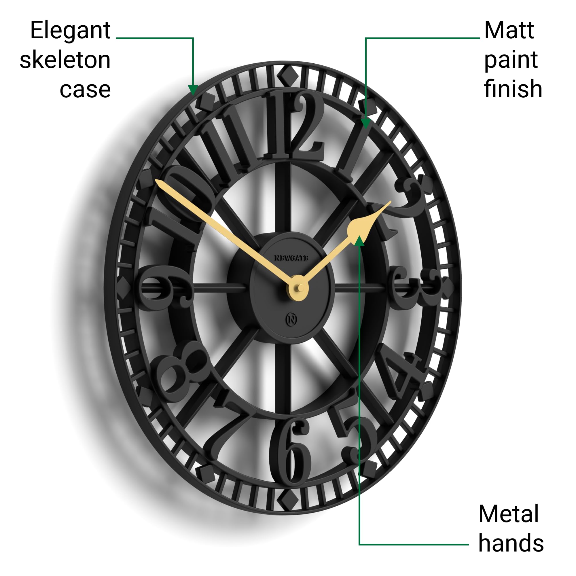 NEWGATE® Warehouse Reloj de Pared | Reloj Esqueleto | 40cm | Negro con Manos de latón | Estilo Vintage contemporáneo para Cocina, salón u Oficina