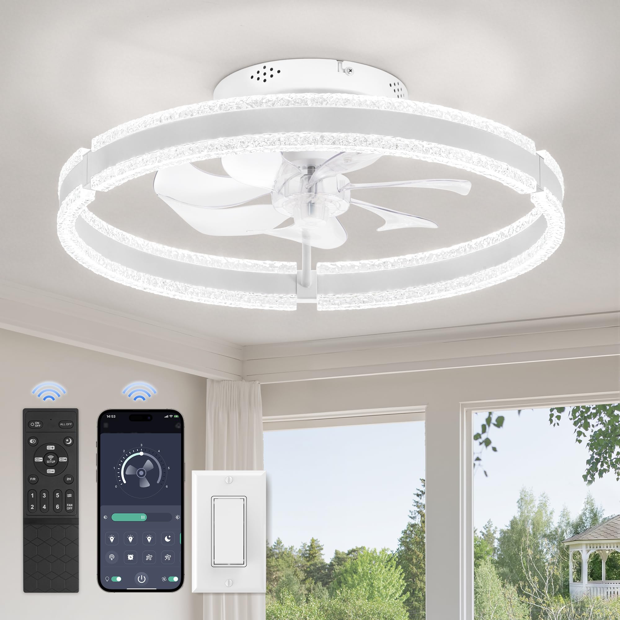 ZMISHIBO Ventilateur Plafond 51 cm motif ondulé, double anneau LED (blanc), APP & télécommande, 6 vitesses, rotation avant/arrière, 3000K-6000K dimmable 10%-100%, mémoire, minuterie 2H